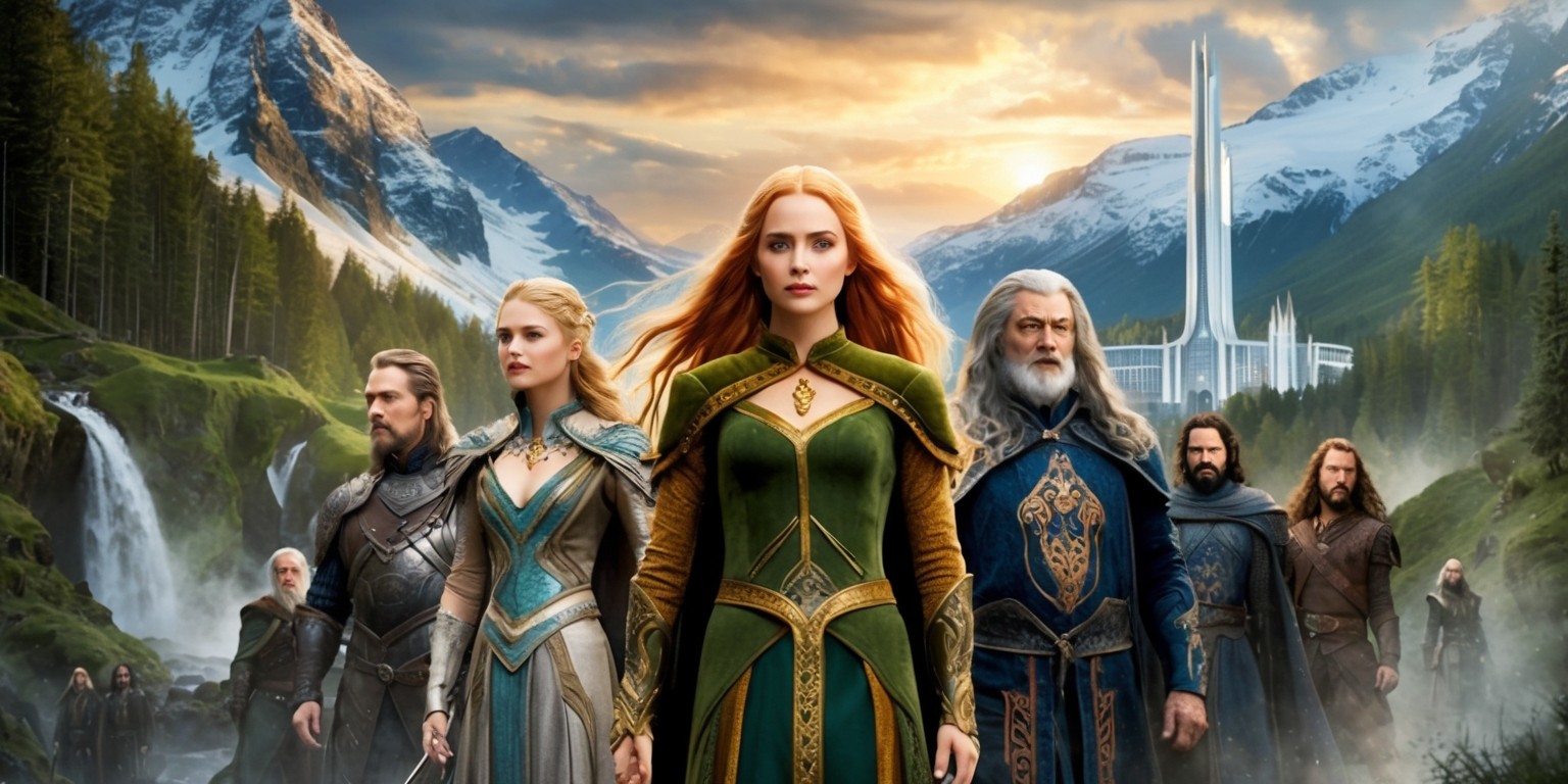 A dramatic scenery from The Lord of the Rings: The Rings of Power TV series, set in Middle-earth, featuring a breathtaking landscape with lush green forests, snow-capped mountains, and majestic waterfalls. In the foreground, a group of characters from the show, including Galadriel, Elrond, and Arondir, stand heroically, dressed in intricately designed armor and attire, with vibrant colors and patterns inspired by Tolkien's lore. Galadriel's long, golden hair flows in the wind, and her piercing blue eyes shine with determination. Elrond's regal attire is adorned with golden accents, and Arondir's dark hair and eyes exude a sense of mystery. The atmosphere is epic, with a warm golden light casting a sense of hope and courage. In the background, the majestic city of Lindon rises, with its sleek white architecture and grandeur, as the sun sets behind the mountains, casting a warm orange glow. The overall aesthetic is cinematic, with bold brushstrokes and textures, evoking a sense of fantasy and adventure.