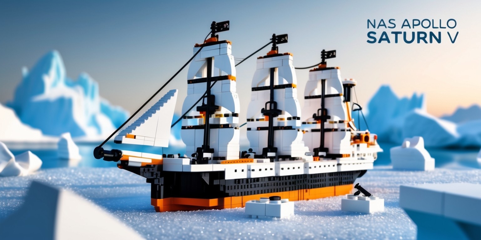 A highly detailed, vibrant, and colorful digital illustration of the Lego Ideas NASA Apollo Saturn V, specifically showcasing the iconic HMS Endurance, the British Royal Navy ship, in a frozen Antarctic landscape, with intricate icebergs and snow-capped mountains in the background, built entirely out of Lego bricks, with a mix of white, gray, blue, and orange hues, capturing the sense of adventure and exploration, with precise focus on the ship's majestic sails, anchors, and cannons, and the subtle texture of the Lego pieces, set against a soft, gradient blue sky with a few wispy clouds, with a shallow depth of field, blurring the background to emphasize the central subject, the Lego Endurance, standing proudly in the midst of the frozen wilderness.