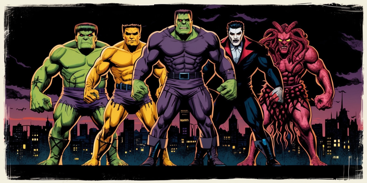 A gritty, high-contrast illustration of the Creature Commandos, a team of monstrous superheroes, standing back to back in a heroic pose, set against a dark, ominous cityscape at dusk, with bold, vibrant colors and heavy shading, reminiscent of 1940s pulp fiction art, featuring Frankenstein, a hulking giant with a flat-topped haircut and visible stitches, alongside Werewolf, with piercing yellow eyes and razor-sharp claws, Vampire, with piercing red eyes and razor-sharp fangs, and Medusa, with snakes for hair and an unblinking gaze, each with unique, exaggerated facial features and dramatic, dynamic poses.