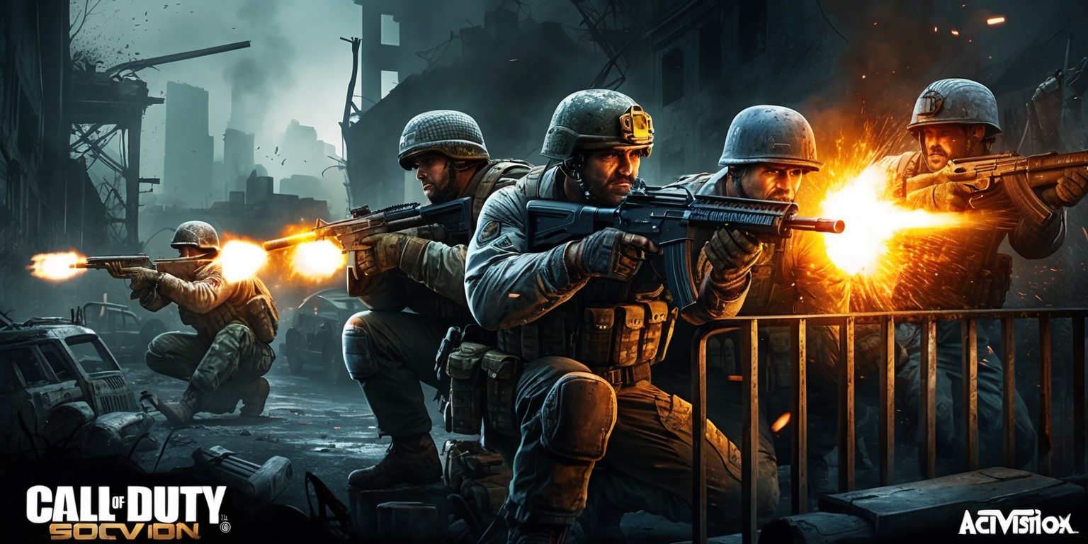 A gritty, high-octane digital illustration of a Call of Duty game scene, set against a dark, smoky, and war-torn urban background, with crumbling buildings, twisted metal, and abandoned vehicles, illuminated by the warm glow of muzzle flashes and explosions. In the foreground, a group of rugged, battle-hardened soldiers, clad in tactical gear and helmets, crouch behind a barricade, firing their weapons at an unseen enemy, their faces set in determined expressions, with sweat-drenched skin and fatigue etched on their features. The color palette is a mix of muted earth tones, with splashes of bright orange and yellow from the explosions, and deep blues and greens from the soldiers' gear, all blending together in a stylized, dramatic, and action-packed composition, with bold lines, dynamic poses, and a sense of intense, heart-pumping energy.