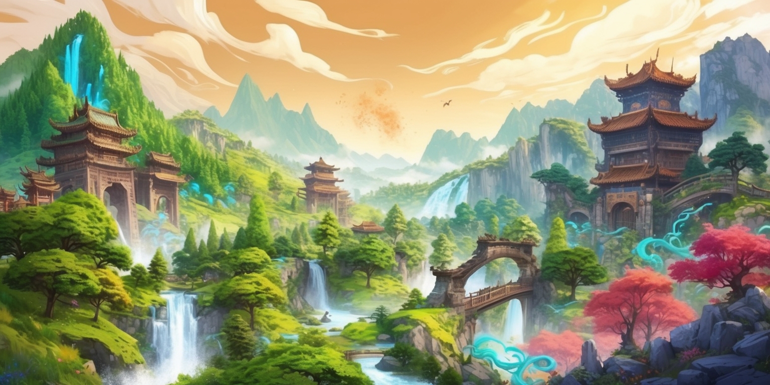 A vibrant, sprawling landscape inspired by the fantasy world of Genshin Impact, with lush green forests, majestic mountains, and serene waterfalls, set against a warm, golden sky with wispy clouds, evoking a sense of adventure and wonder, featuring intricate, ornate architecture and ruins, with hints of mystical energies and elemental forces at play, in a rich, detailed illustration style reminiscent of traditional Chinese paintings, with bold brushstrokes, and a mix of soft, pastel colors and striking, bold hues, capturing the essence of the game's unique blend of Eastern and Western influences.