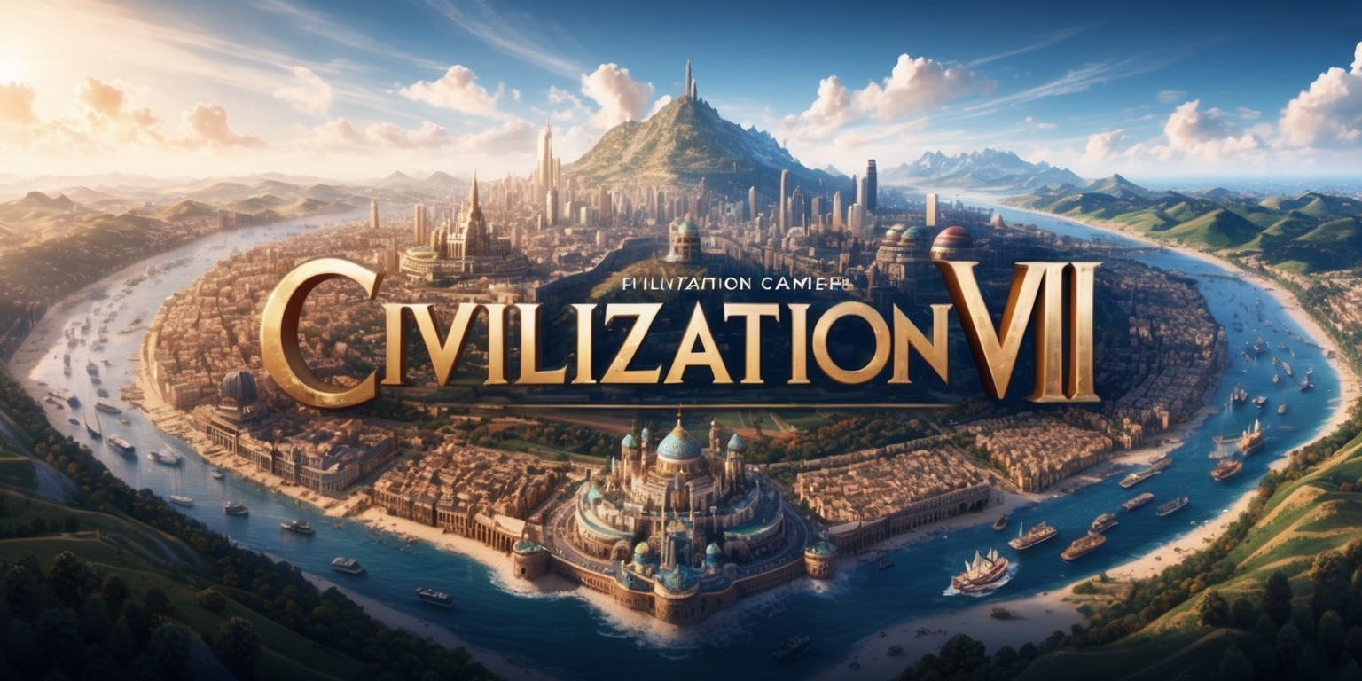 A sweeping, majestic illustration of the Civilization VII game, showcasing a sprawling, thriving metropolis with intricate cityscapes, grand architectural marvels, and bustling harbors, set against a vibrant, sun-kissed backdrop of rolling hills and towering mountain ranges, with a multitude of tiny, industrious citizens going about their daily lives, surrounded by wispy clouds and a subtle, golden glow, bathing the entire scene in an atmosphere of prosperity and progress, with the iconic Civilization VII logo emblazoned prominently in the foreground, rendered in regal, metallic gold, with sleek, modernist typography and subtle, gradient effects, against a tasteful, dark blue background that echoes the logo's majesty, evoking a sense of grandeur, sophistication, and limitless possibility.