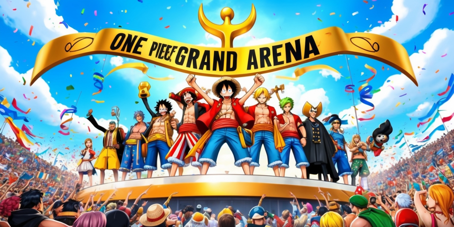 A vivid, dynamic digital illustration depicting the One Piece Grand Arena game, set against a bright blue sky with fluffy white clouds, featuring the iconic Straw Hat Pirates and their allies standing triumphantly on the arena's central platform, surrounded by a lively crowd of spectators from various nations and factions, with Monkey D. Luffy, Roronoa Zoro, Usopp, Sanji, Tony Tony Chopper, Nico Robin, Franky, and Brook prominently showcased, each with their distinct facial features, hairstyles, and attire, amidst a whirlwind of colorful banners, streamers, and confetti, with the game's logo, a stylized golden anchor with the words One Piece Grand Arena written in bold, curved font above it, emblazoned on a giant screen hovering above the arena, as the entire scene radiates an sense of excitement, energy, and adventure.