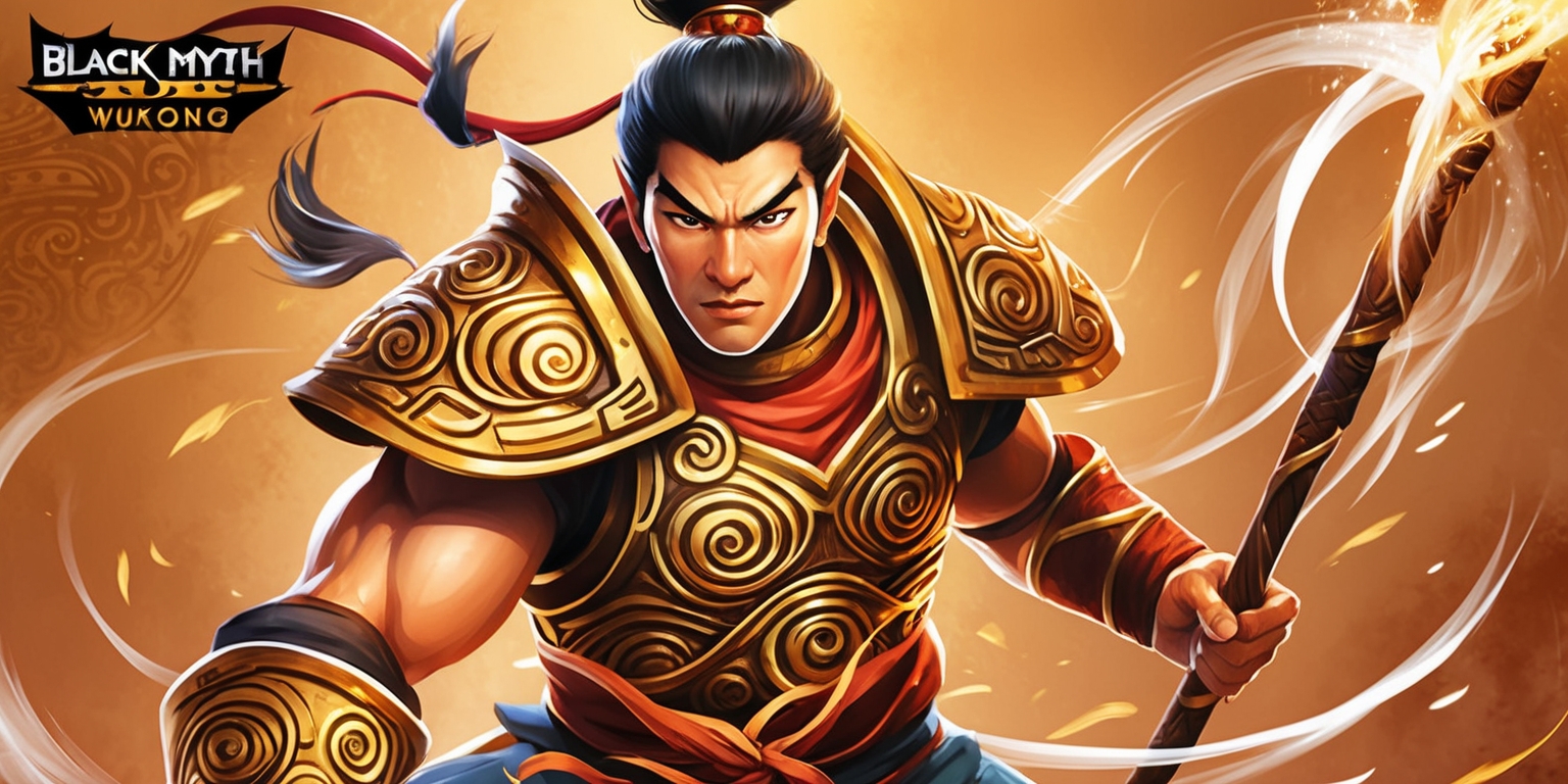 A vibrant, dynamic illustration of the protagonist Wukong from the action-packed video game Black Myth: Wukong, set against a rich, golden-hued background reminiscent of ancient Chinese mythology. Wukong, with his striking, piercing eyes and sharp facial features, stands confidently in the center, donning his iconic golden armor adorned with intricate, swirling patterns. His skin tone is a warm, golden brown. He wields a powerful staff in his right hand, with wisps of mist and smoke swirling around it, hinting at his extraordinary abilities. The atmosphere is tense and heroic, with subtle, fiery sparks illuminating the air around him. The illustration style blends traditional Chinese brushstrokes with modern, bold lines, and vibrant colors, evoking a sense of high-octane energy and mythological grandeur.