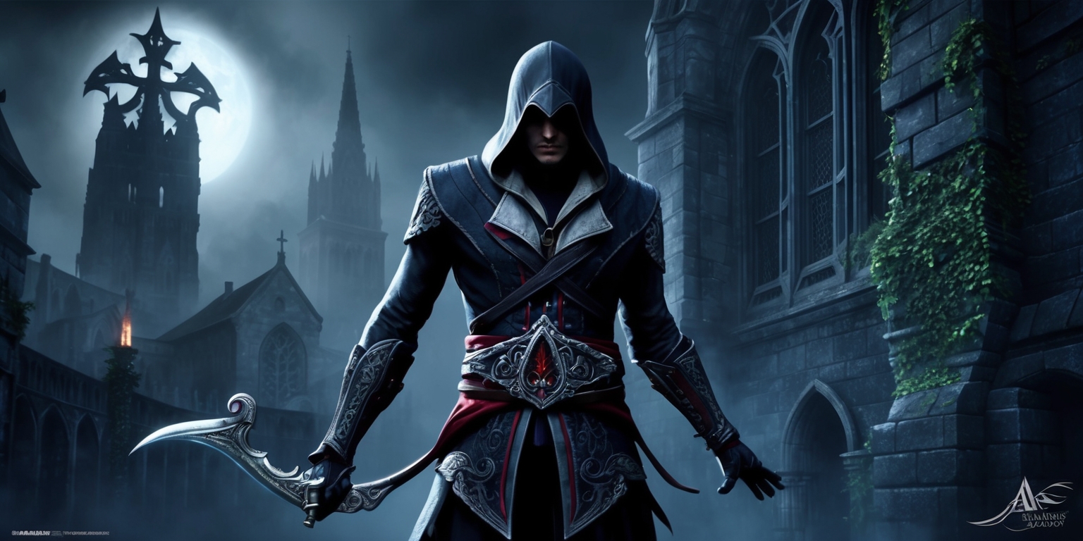 A hauntingly lit, atmospheric illustration depicting a stealthy assassin from the Assassin's Creed Shadows game, set against a misty, moonlit cityscape with towering Gothic architecture and intricate stonework, the assassin's silhouette blending into the shadows, clad in a dark, ornate hooded outfit with a subtle, crimson-red trim, their face obscured by a hood, with a glimpse of piercing, determined eyes, holding a sleek, curved blade with an intricately designed hilt, surrounded by subtle, flickering candlelight, with a large, ominous Templar cross looming in the background, the city's stone walls and buildings weathered, worn, and covered in ivy, with a hint of mystery, danger, and ancient secrets.